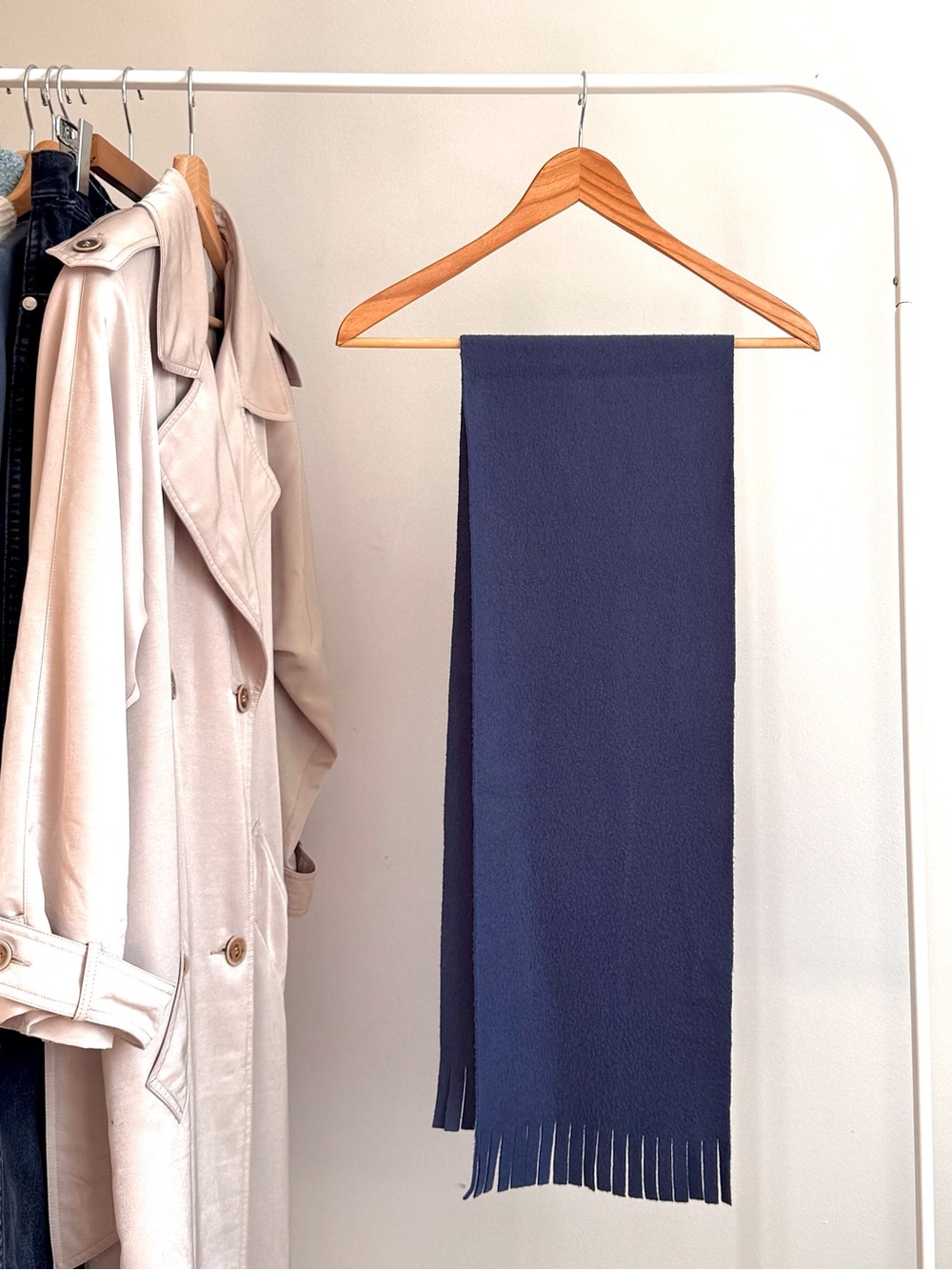 Solid Navy Blue Polar Fleece Scarf with Fringe Trim